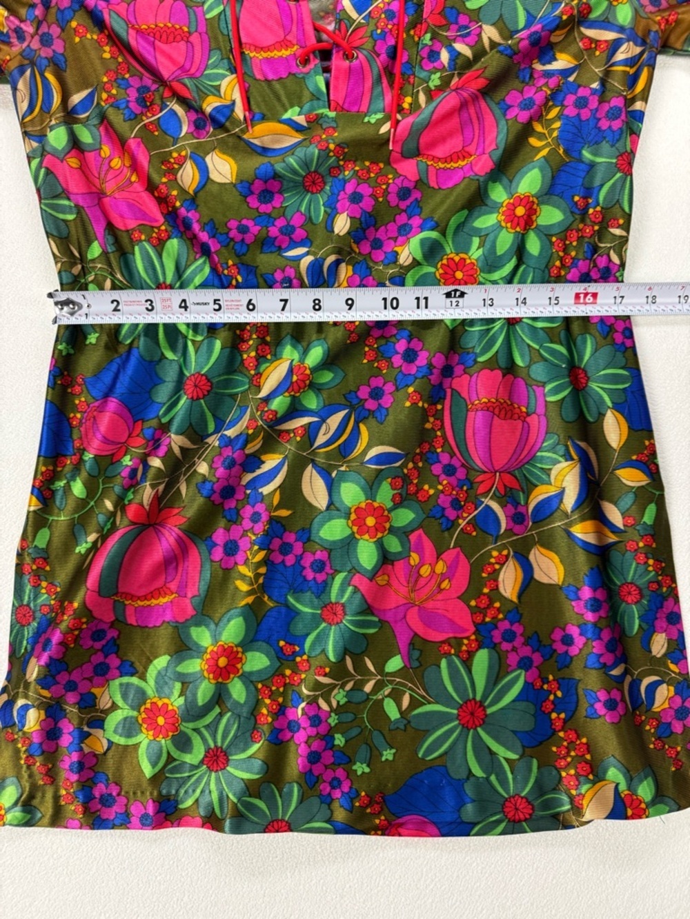 Vintage 60s 70s Mod Floral Mini Dress Boho Psychedelic Lace-Up Neck Long Sleeve - Picture 6 of 8